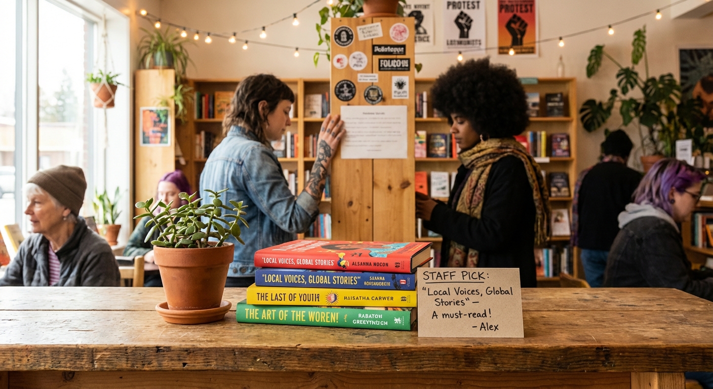 Curated book-of-the-month selection on a bookstore counter