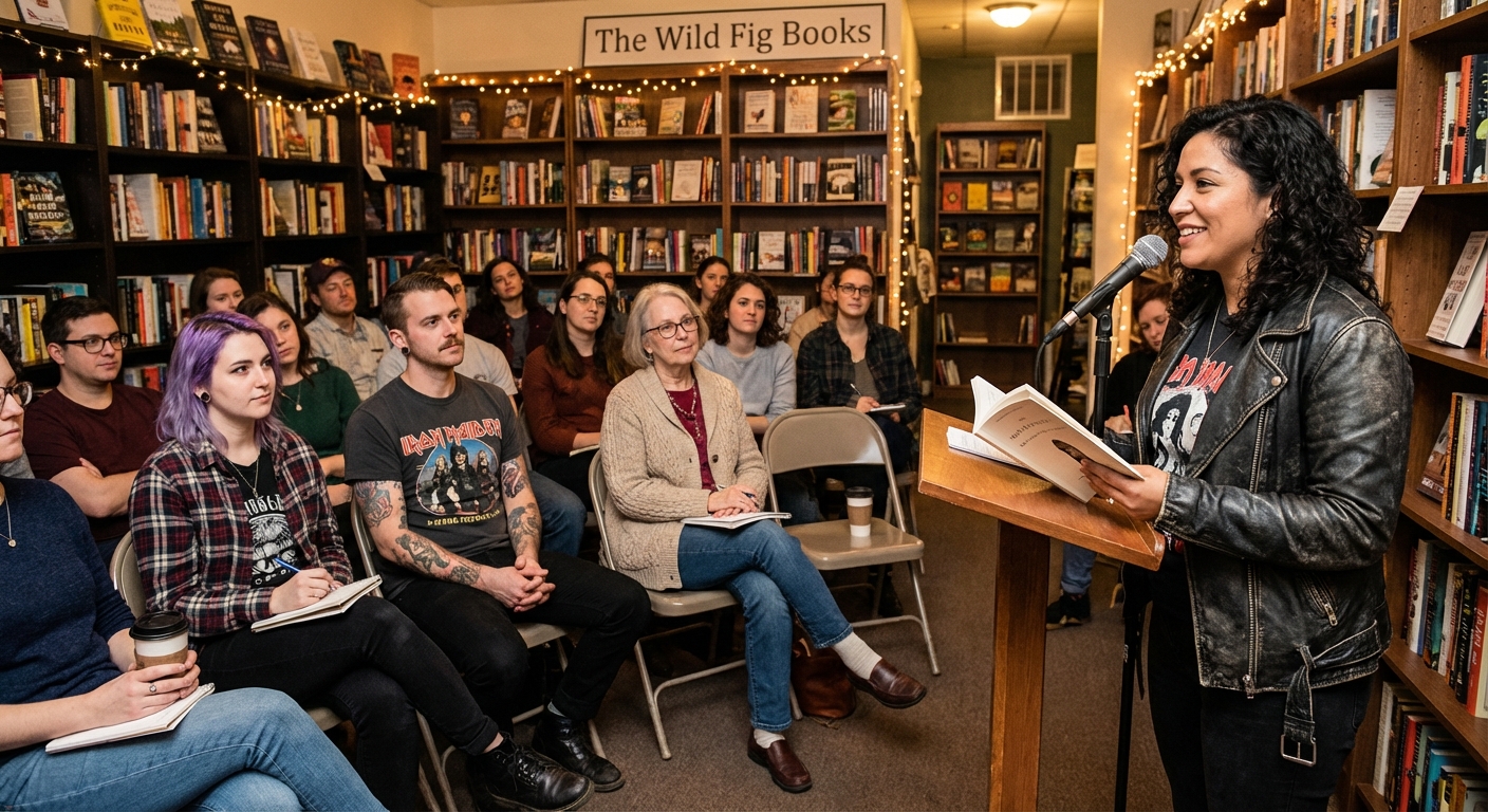 Author reading event in a cozy independent bookstore