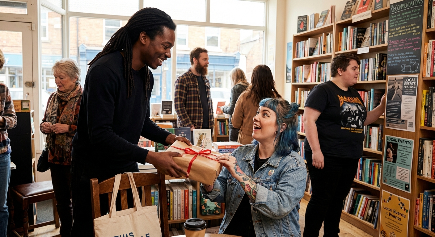 Person giving a gift-wrapped book in a bookstore