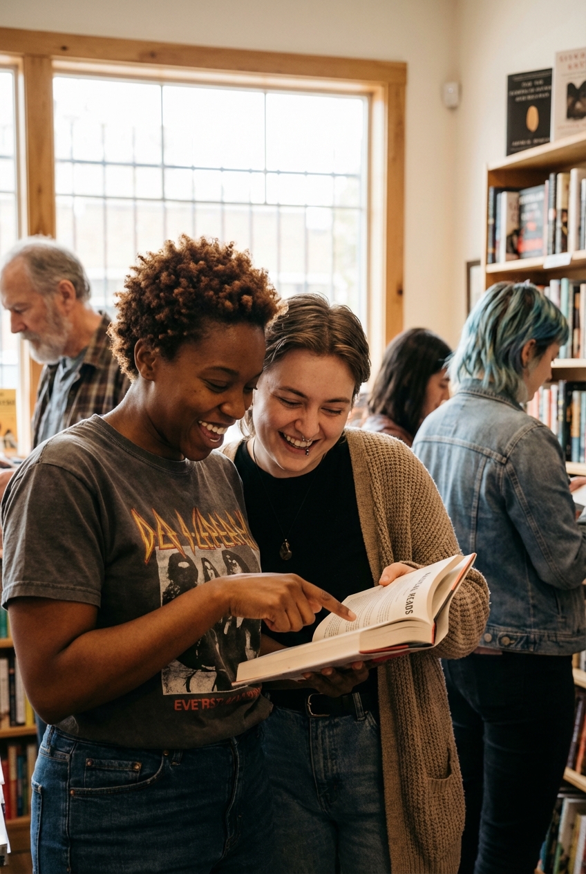 Bookstore shelves with warm lighting
